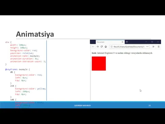 Animatsiya div { width: 100px; height: 100px; background-color: red; position: relative; animation-name: