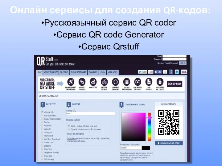 Онлайн сервисы для создания QR-кодов: Русскоязычный сервис QR coder Сервис QR code Generator Сервис Qrstuff