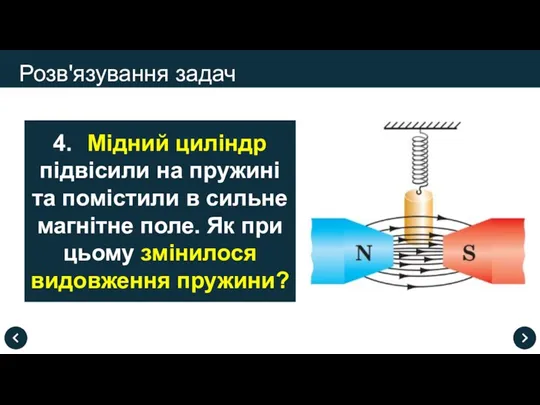 Розв'язування задач 4. Мідний циліндр підвісили на пружині та помістили в сильне