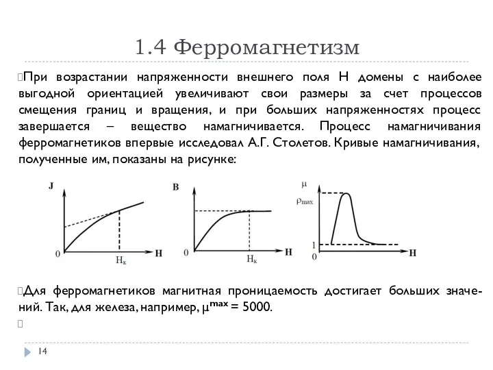 1.4 Ферромагнетизм При возрастании напряженности внешнего поля Н домены с наиболее выгодной