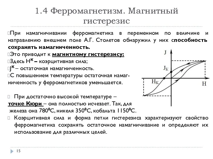 1.4 Ферромагнетизм. Магнитный гистерезис При намагничивании ферромагнетика в переменном по величине и