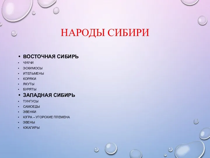 НАРОДЫ СИБИРИ ВОСТОЧНАЯ СИБИРЬ ЧУКЧИ ЭСКИМОСЫ ИТЕЛЬМЕНЫ КОРЯКИ ЯКУТЫ БУРЯТЫ ЗАПАДНАЯ СИБИРЬ