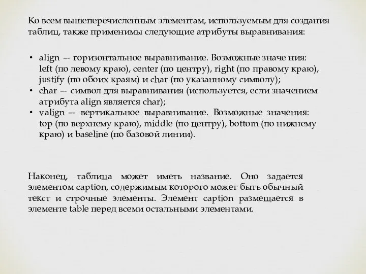 Ко всем вышеперечисленным элементам, используемым для создания таблиц, также применимы следующие атрибуты