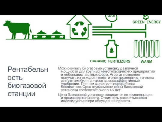 Рентабельность биогазовой станции Можно купить биогазовую установку различной мощности для крупных животноводческих