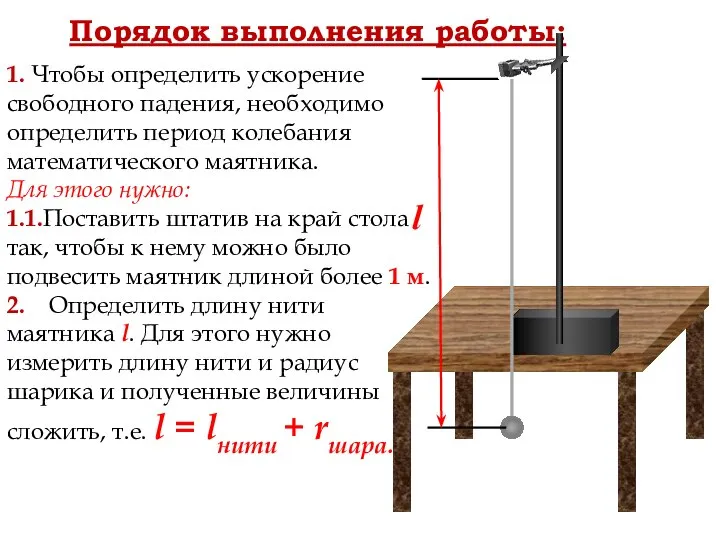 Порядок выполнения работы: 1. Чтобы определить ускорение свободного падения, необходимо определить период