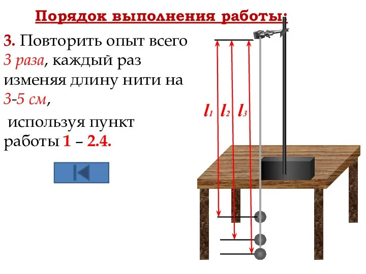 Порядок выполнения работы: 3. Повторить опыт всего 3 раза, каждый раз изменяя