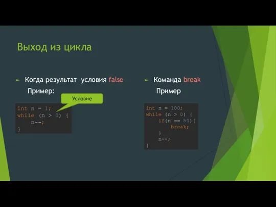 Выход из цикла Когда результат условия false Пример: int n = 1;