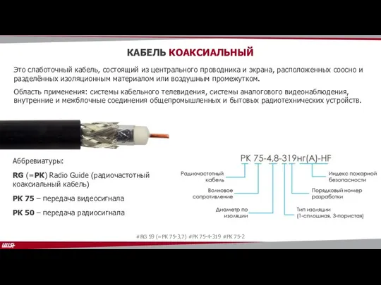 КАБЕЛЬ КОАКСИАЛЬНЫЙ Это слаботочный кабель, состоящий из центрального проводника и экрана, расположенных