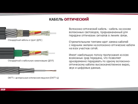 КАБЕЛЬ ОПТИЧЕСКИЙ Стандартный кабель в грунт (ДПС) Стандартный в кабельную канализацию (ДПЛ)