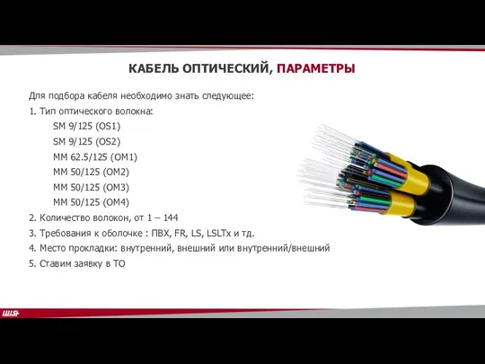КАБЕЛЬ ОПТИЧЕСКИЙ, ПАРАМЕТРЫ Для подбора кабеля необходимо знать следующее: 1. Тип оптического