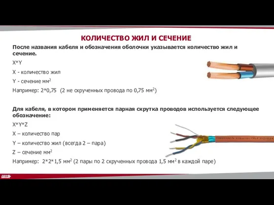 После названия кабеля и обозначения оболочки указывается количество жил и сечение. X*Y