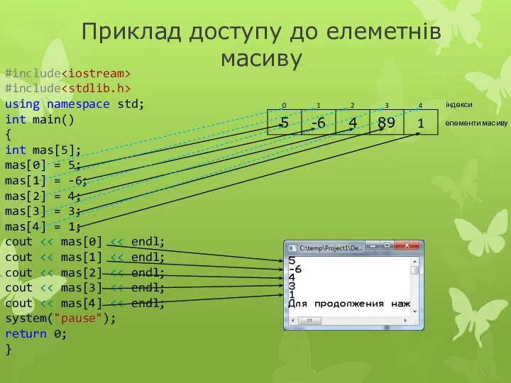 Приклад доступу до елеметнів масиву #include #include using namespace std; int main()