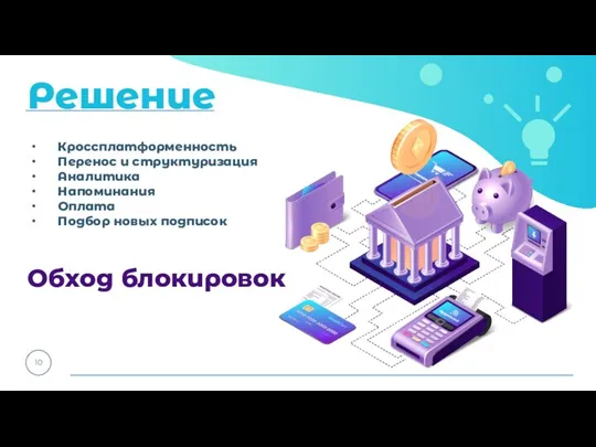 Решение 10 Кроссплатформенность Перенос и структуризация Аналитика Напоминания Оплата Подбор новых подписок Обход блокировок