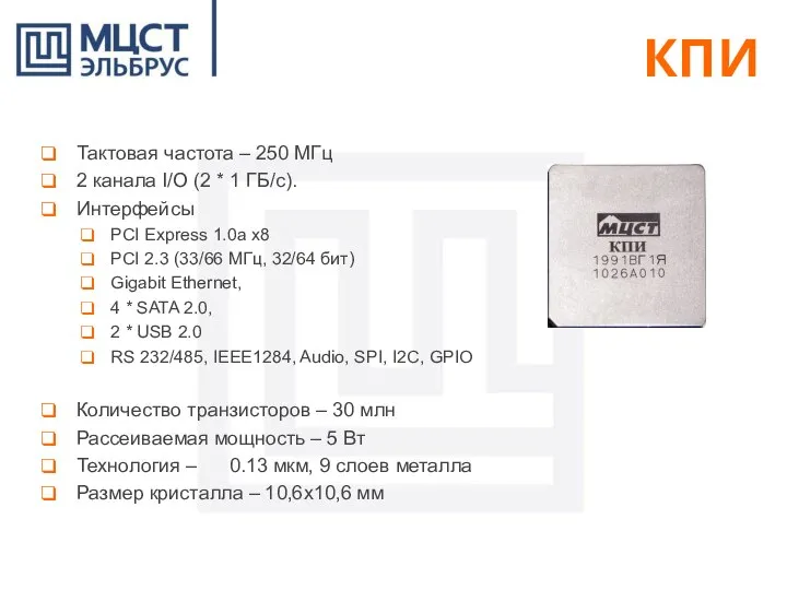 КПИ Тактовая частота – 250 МГц 2 канала I/O (2 * 1