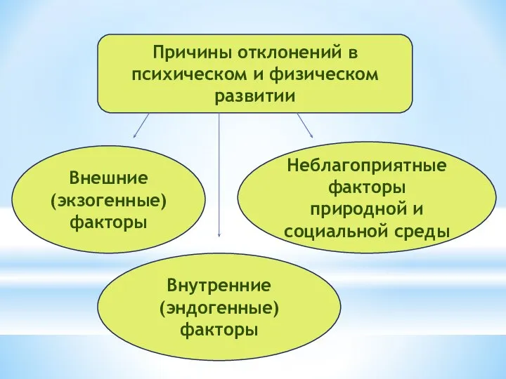 Причины отклонений в психическом и физическом развитии Внешние (экзогенные) факторы Внутренние (эндогенные)