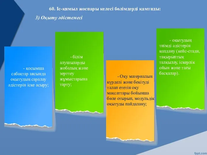 60. Іс-қимыл жоспары келесі бөлімдерді қамтиды: 3) Оқыту әдістемесі - оқытудың тиімді