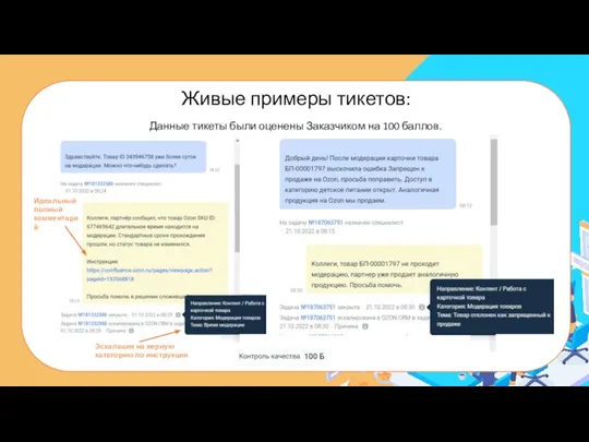 Живые примеры тикетов: Данные тикеты были оценены Заказчиком на 100 баллов. Идеальный