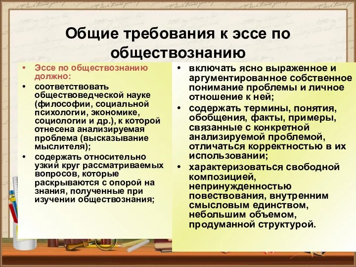 Общие требования к эссе по обществознанию Эссе по обществознанию должно: соответствовать обществоведческой