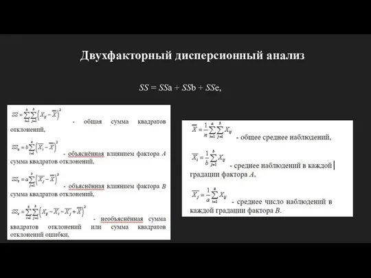 Двухфакторный дисперсионный анализ SS = SSa + SSb + SSe,