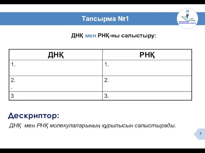 ДНҚ мен РНҚ молекулаларының құрылысын салыстырады. Дескриптор: Тапсырма №1 ДНҚ мен РНҚ-ны салыстыру: