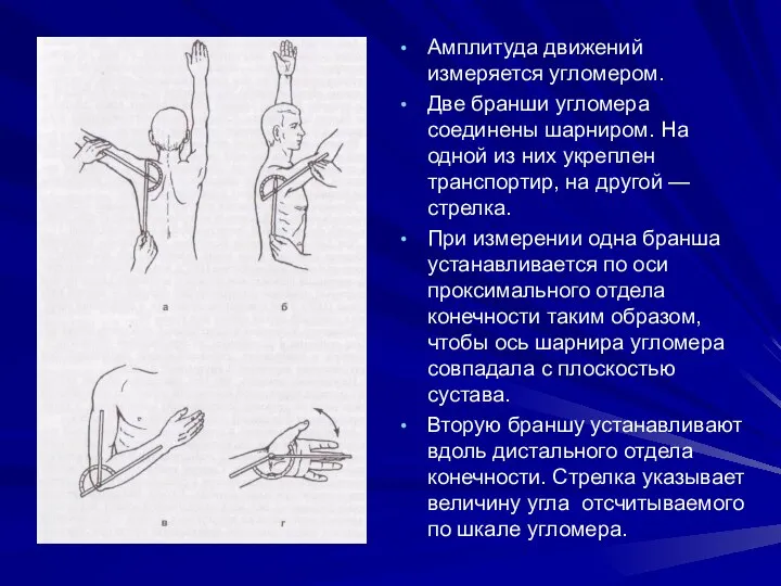 Амплитуда движений измеряется угломером. Две бранши угломера соединены шарниром. На одной из