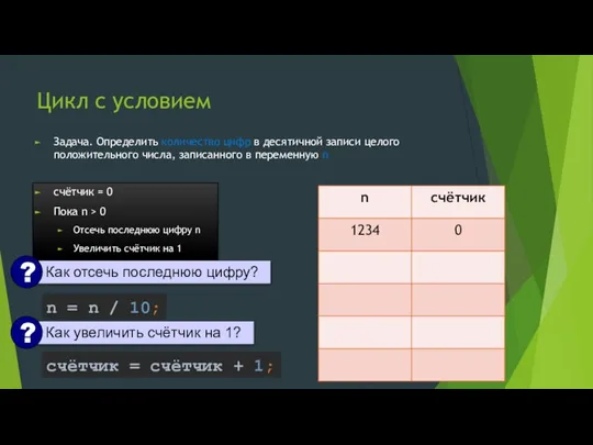 Цикл с условием Задача. Определить количество цифр в десятичной записи целого положительного