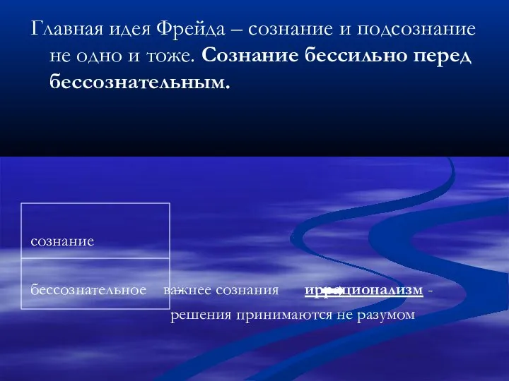 Главная идея Фрейда – сознание и подсознание не одно и тоже. Сознание