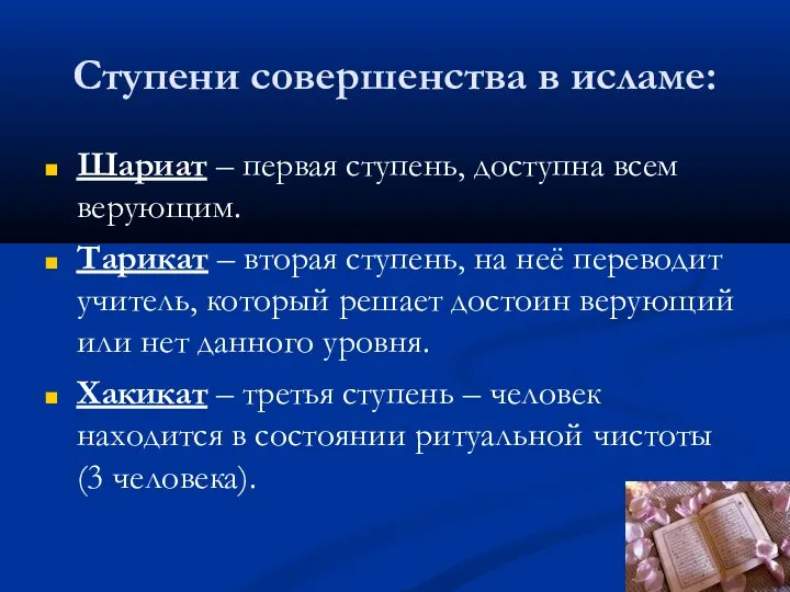 Ступени совершенства в исламе: Шариат – первая ступень, доступна всем верующим. Тарикат