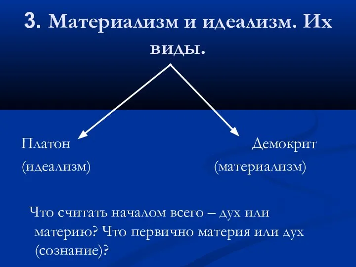 3. Материализм и идеализм. Их виды. Платон Демокрит (идеализм) (материализм) Что считать