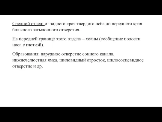 Средний отдел: от заднего края твердого неба до переднего края большого затылочного