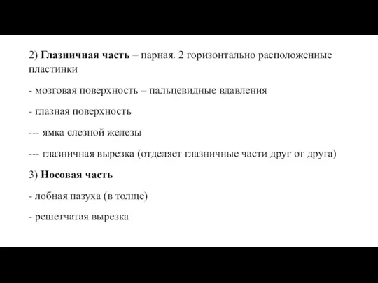 2) Глазничная часть – парная. 2 горизонтально расположенные пластинки - мозговая поверхность