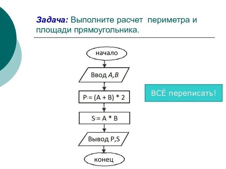 Задача: Выполните расчет периметра и площади прямоугольника. ВСЁ переписать!