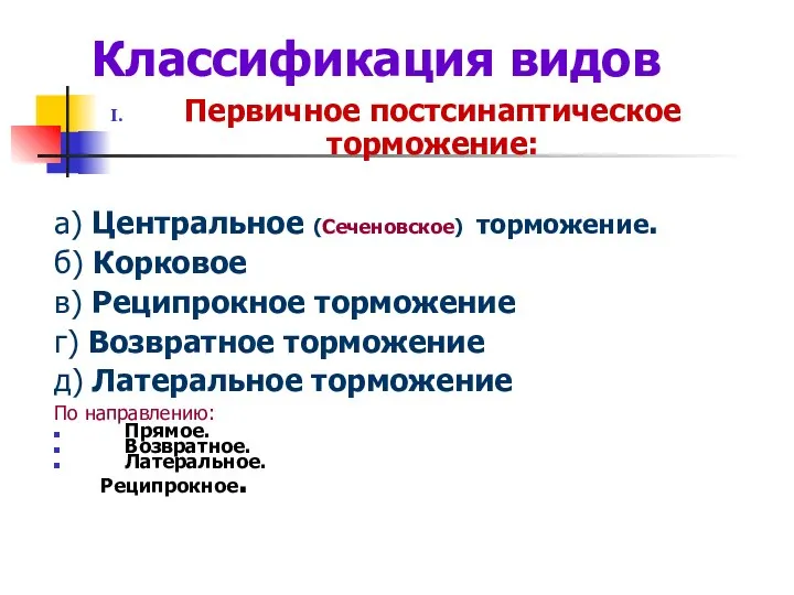 Классификация видов Первичное постсинаптическое торможение: а) Центральное (Сеченовское) торможение. б) Корковое в)