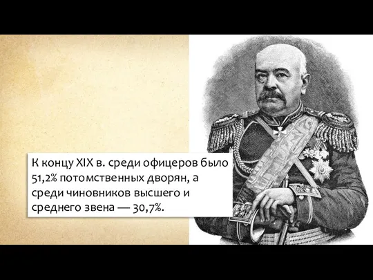 К концу XIX в. среди офицеров было 51,2% потомственных дворян, а среди