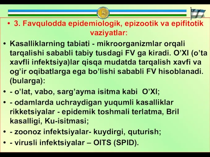 3. Fаvquloddа epidemiologik, epizootik vа epifitotik vаziyatlаr: Kаsаlliklаrning tаbiаti - mikroorgаnizmlаr orqаli