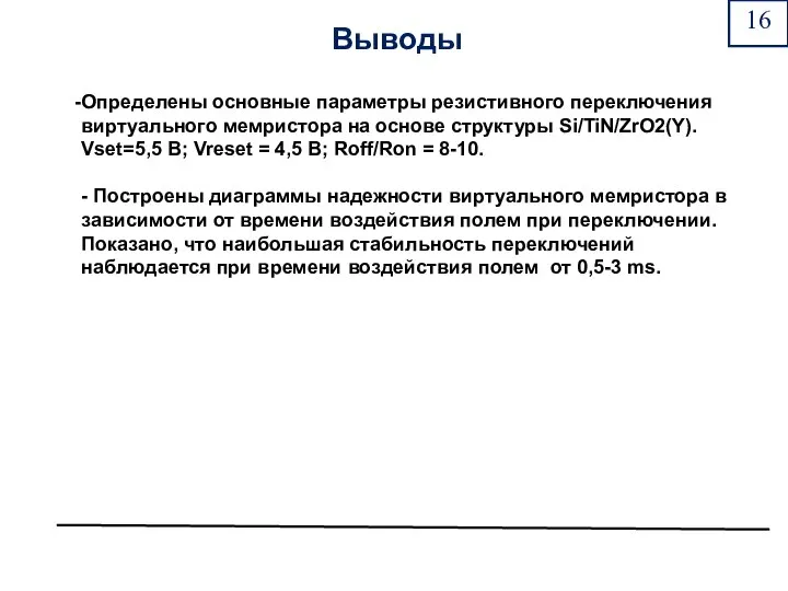 Выводы Определены основные параметры резистивного переключения виртуального мемристора на основе структуры Si/TiN/ZrO2(Y).