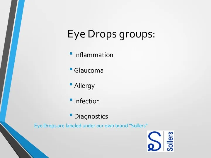 Eye Drops groups: Inflammation Glaucoma Allergy Infection Diagnostics Eye Drops are labeled