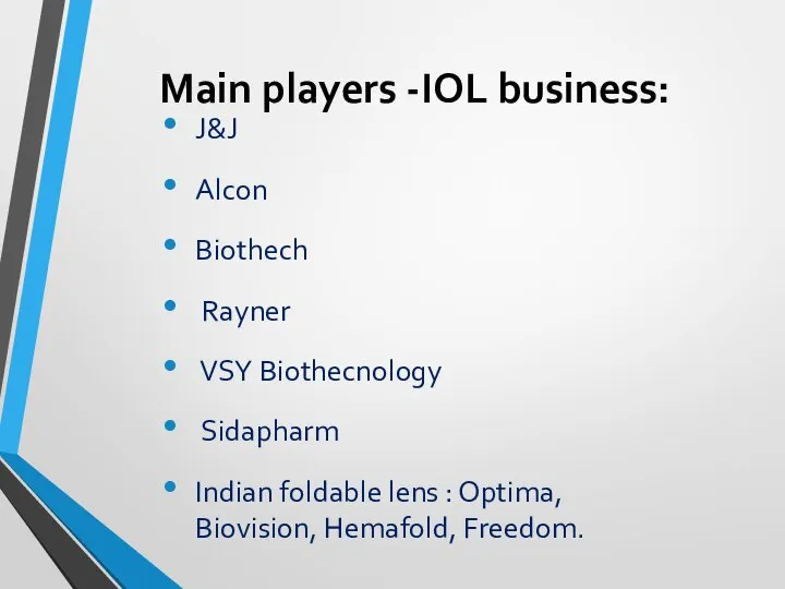 Main players -IOL business: J&J Alcon Biothech Rayner VSY Biothecnology Sidapharm Indian