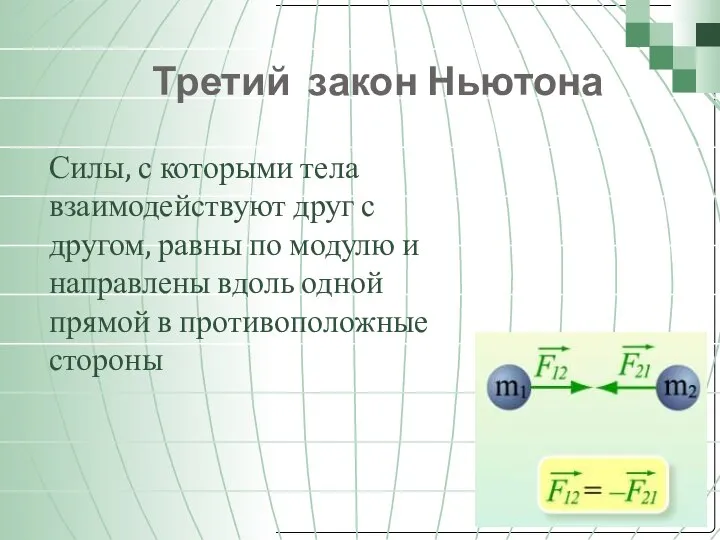 Третий закон Ньютона Силы, с которыми тела взаимодействуют друг с другом, равны