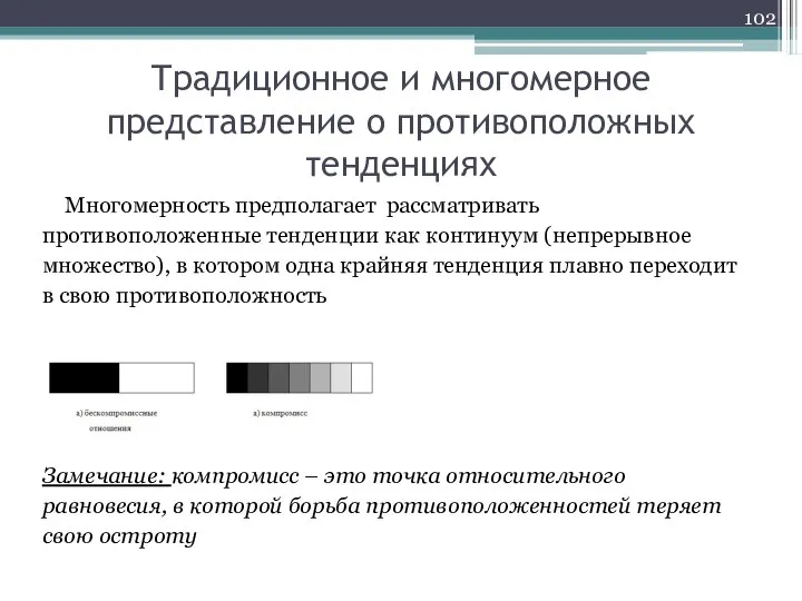 Традиционное и многомерное представление о противоположных тенденциях Многомерность предполагает рассматривать противоположенные тенденции