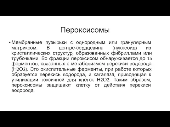 Пероксисомы Мембранные пузырьки с однородным или гранулярным матриксом. В центре-сердцевина (нуклеоид) из