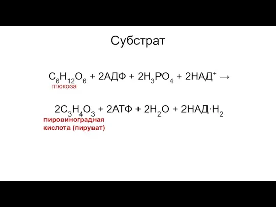 Субстрат С6Н12О6 + 2АДФ + 2Н3РО4 + 2НАД+ → глюкоза 2С3Н4О3 +