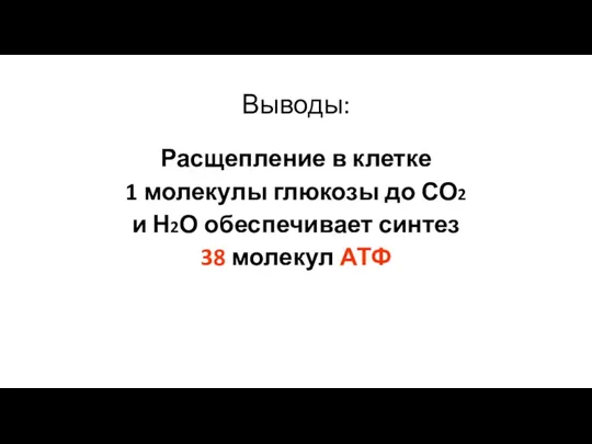 Выводы: Расщепление в клетке 1 молекулы глюкозы до СО2 и Н2О обеспечивает синтез 38 молекул АТФ