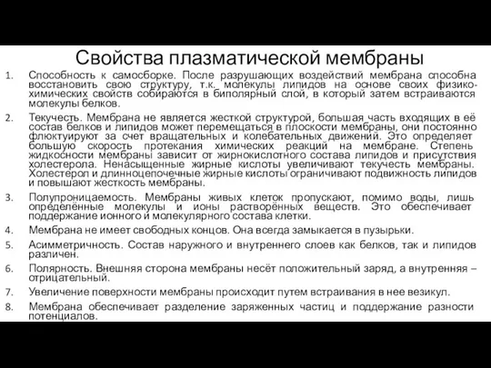 Свойства плазматической мембраны Способность к самосборке. После разрушающих воздействий мембрана способна восстановить