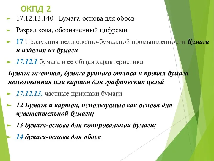 ОКПД 2 17.12.13.140 Бумага-основа для обоев Разряд кода, обозначенный цифрами 17 Продукция