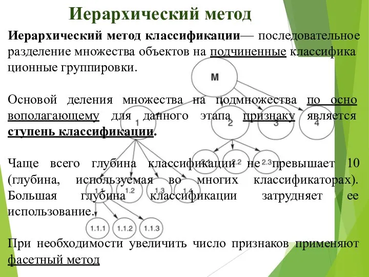 Иерархический метод классификации— последовательное разделение множества объектов на подчиненные классифика­ционные группировки. Основой