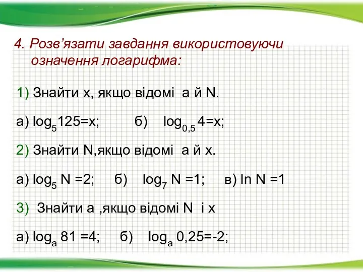 1) Знайти х, якщо відомі а й N. а) log5125=х; б) log0,5