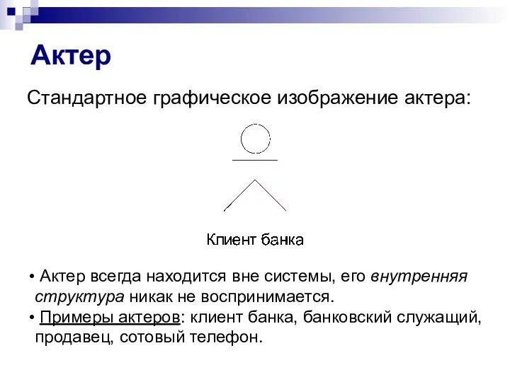 Актер Стандартное графическое изображение актера: Актер всегда находится вне системы, его внутренняя