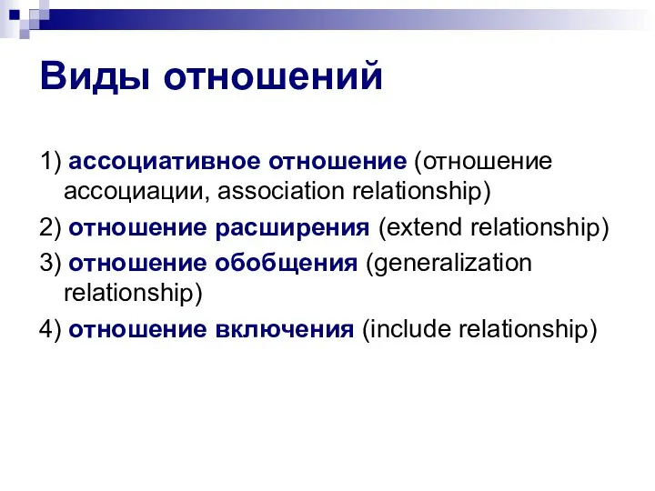 Виды отношений 1) ассоциативное отношение (отношение ассоциации, association relationship) 2) отношение расширения