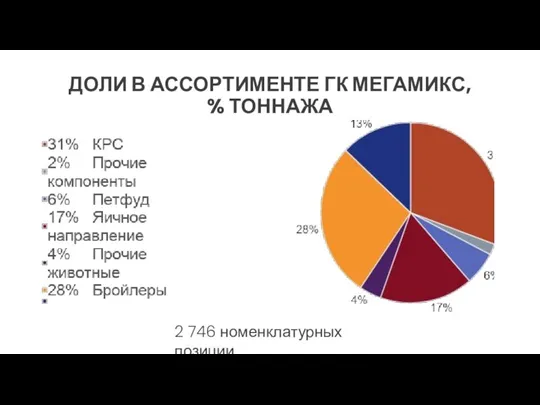 ДОЛИ В АССОРТИМЕНТЕ ГК МЕГАМИКС, % ТОННАЖА 2 746 номенклатурных позиции